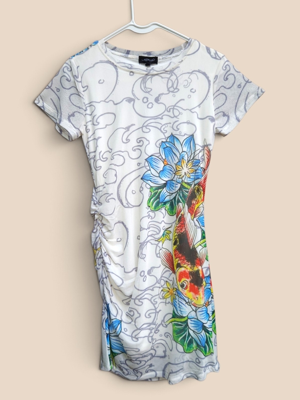 Ed Hardy Mesh T-Shirt Dress Ruched With Koi Fish & Lotus
